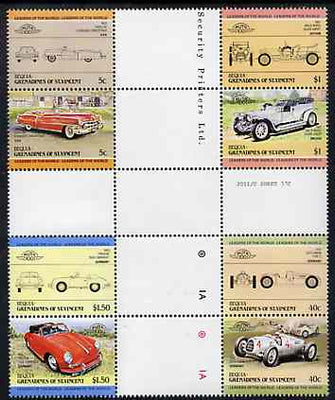 St Vincent - Bequia 1984 Cars #1 (Leaders of the World) set of 8 in se-tenant cross-gutter blocks (folded through gutters or perfs) from uncut archive proof sheet, some split perfs & wrinkles but a rare archive item unmounted mint