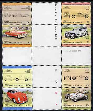 St Vincent - Bequia 1984 Cars #1 (Leaders of the World) set of 8 in se-tenant cross-gutter blocks (folded through gutters or perfs) from uncut archive proof sheet, some split perfs & wrinkles but a rare archive item unmounted mint