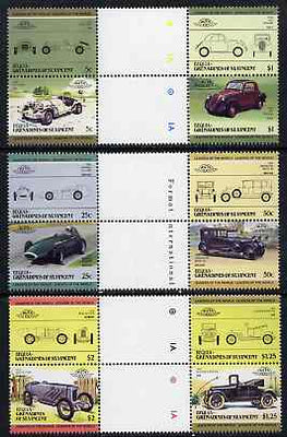 St Vincent - Bequia 1985 Cars #3 (Leaders of the World) set of 12 in se-tenant gutter pairs (folded through gutters or perfs) from uncut archive proof sheets unmounted mint