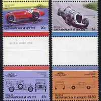 St Vincent - Bequia 1985 Cars #4 (Leaders of the World) set of 8 in se-tenant gutter pairs (folded through gutters or perfs) from uncut archive proof sheet unmounted mint