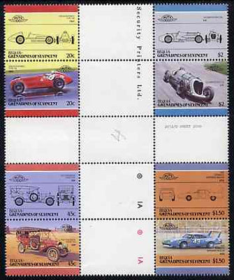 St Vincent - Bequia 1985 Cars #4 (Leaders of the World) set of 8 in se-tenant cross-gutter block (folded through gutters) from uncut archive proof sheet, some split perfs & wrinkles but a rare archive item unmounted mint