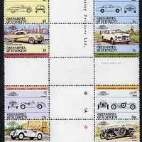 St Vincent - Grenadines 1984 Cars #1 (Leaders of the World) set of 8 in se-tenant cross-gutter block (folded through gutters) from uncut archive proof sheet, some split perfs & wrinkles but a rare archive item, unmounted mint SG 339-46