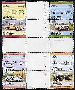 St Vincent - Grenadines 1984 Cars #1 (Leaders of the World) set of 8 in se-tenant cross-gutter block (folded through gutters) from uncut archive proof sheet, some split perfs & wrinkles but a rare archive item, unmounted mint SG 339-46