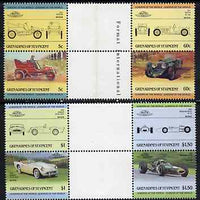 St Vincent - Grenadines 1985 Cars #2 (Leaders of the World) set of 8 in se-tenant gutter pairs (folded through gutters or perfs) from uncut archive proof sheet (SG 378-85) unmounted mint
