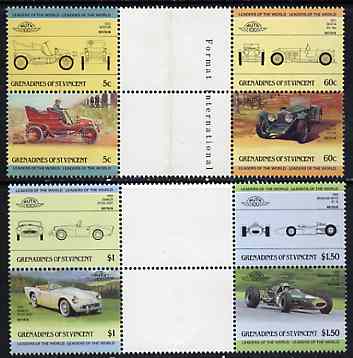 St Vincent - Grenadines 1985 Cars #2 (Leaders of the World) set of 8 in se-tenant gutter pairs (folded through gutters or perfs) from uncut archive proof sheet (SG 378-85) unmounted mint
