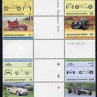 St Vincent - Grenadines 1985 Cars #2 (Leaders of the World) set of 8 in se-tenant cross-gutter block (folded through gutters) from uncut archive proof sheet, some split perfs & wrinkles but a rare archive item unmounted mint (SG 378-85)