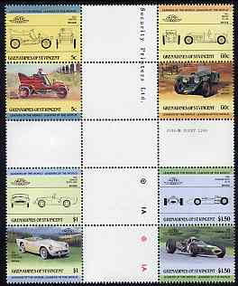 St Vincent - Grenadines 1985 Cars #2 (Leaders of the World) set of 8 in se-tenant cross-gutter block (folded through gutters) from uncut archive proof sheet, some split perfs & wrinkles but a rare archive item unmounted mint (SG 378-85)