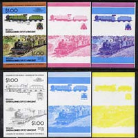 St Vincent - Bequia 1984 Locomotives #2 (Leaders of the World) $1.00 (0-8-2 River Irt) set of 6 imperf se-tenant progressive proof pairs comprising the 4 individual colours plus 2-colour and all 4-colour composites unmounted mint