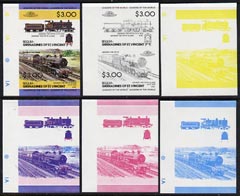 St Vincent - Bequia 1984 Locomotives #2 (Leaders of the World) $3.00 (4-4-0 George the Fifth) set of 6 imperf se-tenant progressive proof pairs comprising the 4 individual colours plus 2-colour and all 4-colour composites unmounted mint