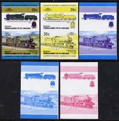 St Vincent - Bequia 1984 Locomotives #2 (Leaders of the World) 35c (4-6-0 Manor Class) set of 5 imperf se-tenant progressive proof pairs comprising two individual colours, two 2-colour and all 4-colour composites unmounted mint