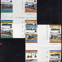 St Vincent - Bequia 1984 Locomotives #2 (Leaders of the World) set of 16 in imperf se-tenant cross-gutter blocks (folded through gutters) from uncut archive proof sheets, a rare archive item unmounted mint