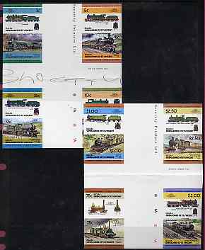St Vincent - Bequia 1984 Locomotives #2 (Leaders of the World) set of 16 in imperf se-tenant cross-gutter blocks (folded through gutters) from uncut archive proof sheets, a rare archive item unmounted mint
