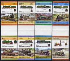 St Vincent - Bequia 1984 Locomotives #2 (Leaders of the World) set of 16 in imperf se-tenant gutter pairs (folded through gutters) from uncut archive proof sheets, a rare archive item unmounted mint