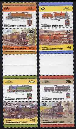 St Vincent - Bequia 1985 Locomotives #3 (Leaders of the World) set of 8 in se-tenant gutter pairs (folded through gutters or perfs) from uncut archive proof sheets unmounted mint