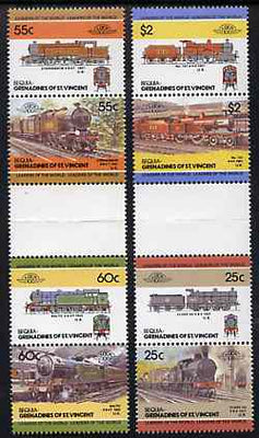 St Vincent - Bequia 1985 Locomotives #3 (Leaders of the World) set of 8 in se-tenant gutter pairs (folded through gutters or perfs) from uncut archive proof sheets unmounted mint