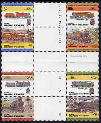 St Vincent - Bequia 1985 Locomotives #3 (Leaders of the World) set of 8 in se-tenant cross-gutter block (folded through gutters) from uncut archive proof sheet, some split perfs & wrinkles but a rare archive item unmounted mint