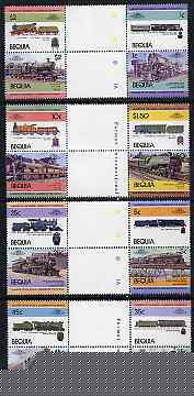 St Vincent - Bequia 1984 Locomotives #1 (Leaders of the World) set of 16 in se-tenant gutter pairs (folded through gutters or perfs) from uncut archive proof sheets unmounted mint