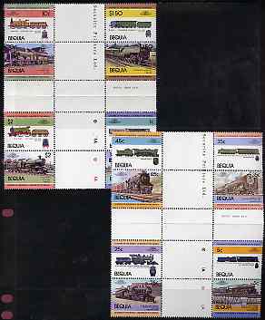 St Vincent - Bequia 1984 Locomotives #1 (Leaders of the World) set of 16 in se-tenant cross-gutter block (folded through gutters) from uncut archive proof sheet, some split perfs & wrinkles but a rare archive item unmounted mint