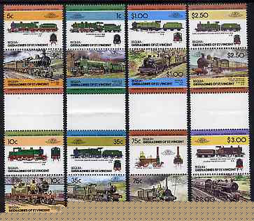 St Vincent - Bequia 1984 Locomotives #2 (Leaders of the World) set of 16 in se-tenant gutter pairs (folded through gutters or perfs) from uncut archive proof sheets unmounted mint