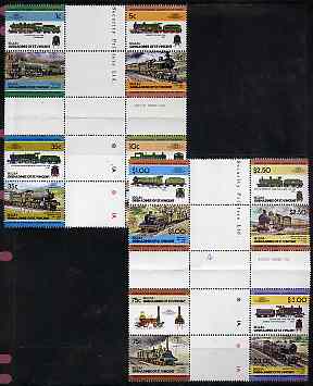 St Vincent - Bequia 1984 Locomotives #2 (Leaders of the World) set of 16 in se-tenant cross-gutter block (folded through gutters) from uncut archive proof sheet, some split perfs & wrinkles but a rare archive item unmounted mint