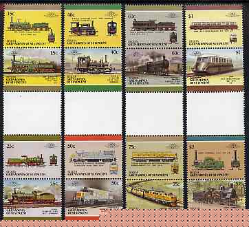 St Vincent - Bequia 1987 Locomotives #5 (Leaders of the World) set of 16 in se-tenant gutter pairs (folded through gutters or perfs) from uncut archive proof sheets unmounted mint