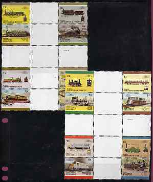 St Vincent - Bequia 1987 Locomotives #5 (Leaders of the World) set of 16 in se-tenant cross-gutter block (folded through gutters) from uncut archive proof sheet, some split perfs & wrinkles but a rare archive item unmounted mint