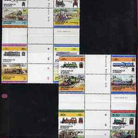 St Vincent - Grenadines 1984 Locomotives #2 (Leaders of the World) set of 16 in se-tenant cross-gutter blocks (folded through gutters) from uncut archive proof sheets, some split perfs & wrinkles but a rare archive item unmounted mint (SG 311-26)
