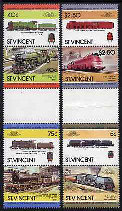 St Vincent 1984 Locomotives #3 (Leaders of the World) set of 8 in se-tenant gutter pairs (folded through gutters or perfs) from uncut archive proof sheets unmounted mint (SG 834-41)