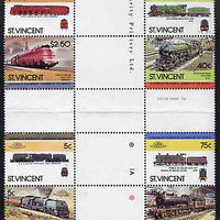 St Vincent 1984 Locomotives #3 (Leaders of the World) set of 8 in se-tenant cross-gutter block (folded through perfs or gutters) from uncut archive proof sheet, some split perfs & wrinkles but a rare archive item (SG 834-41) unmounted mint