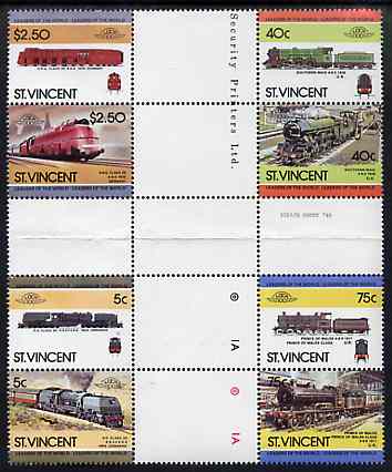 St Vincent 1984 Locomotives #3 (Leaders of the World) set of 8 in se-tenant cross-gutter block (folded through perfs or gutters) from uncut archive proof sheet, some split perfs & wrinkles but a rare archive item (SG 834-41) unmounted mint