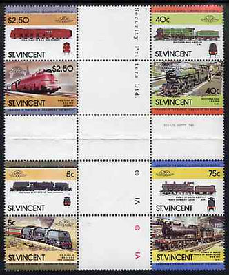 St Vincent 1984 Locomotives #3 (Leaders of the World) set of 8 in se-tenant cross-gutter block (folded through perfs or gutters) from uncut archive proof sheet, some split perfs & wrinkles but a rare archive item (SG 834-41) unmounted mint