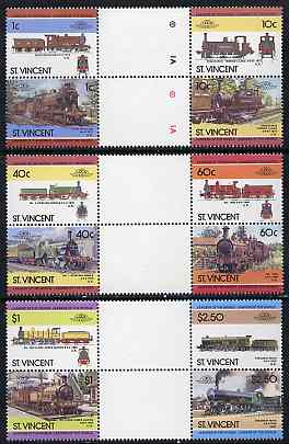 St Vincent 1985 Locomotives #4 (Leaders of the World) set of 12 in se-tenant gutter pairs (folded through gutters or perfs) from uncut archive proof sheets (SG 872-83) unmounted mint
