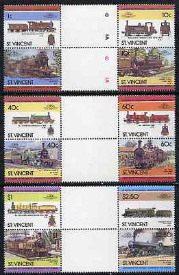 St Vincent 1985 Locomotives #4 (Leaders of the World) set of 12 in se-tenant gutter pairs (folded through gutters or perfs) from uncut archive proof sheets (SG 872-83) unmounted mint