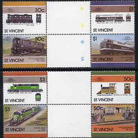 St Vincent 1986 Locomotives #6 (Leaders of the World) set of 8 in se-tenant gutter pairs (folded through gutters or perfs) from uncut archive proof sheets unmounted mint (SG 1001-8)
