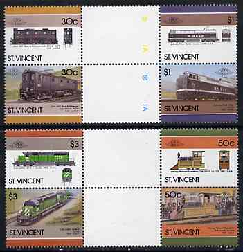 St Vincent 1986 Locomotives #6 (Leaders of the World) set of 8 in se-tenant gutter pairs (folded through gutters or perfs) from uncut archive proof sheets unmounted mint (SG 1001-8)