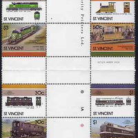 St Vincent 1986 Locomotives #6 (Leaders of the World) set of 8 in se-tenant cross-gutter block (folded through gutters) from uncut archive proof sheet, some split perfs & wrinkles but a rare archive item (SG 1001-8) unmounted mint