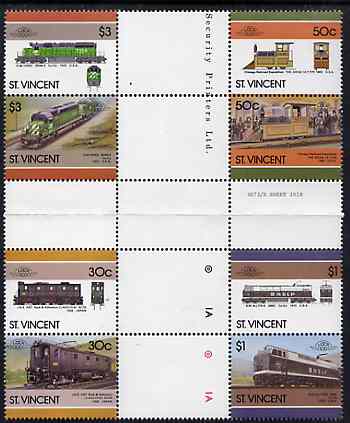 St Vincent 1986 Locomotives #6 (Leaders of the World) set of 8 in se-tenant cross-gutter block (folded through gutters) from uncut archive proof sheet, some split perfs & wrinkles but a rare archive item (SG 1001-8) unmounted mint