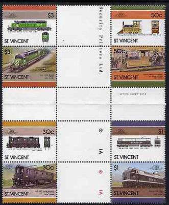 St Vincent 1986 Locomotives #6 (Leaders of the World) set of 8 in se-tenant cross-gutter block (folded through gutters) from uncut archive proof sheet, some split perfs & wrinkles but a rare archive item (SG 1001-8) unmounted mint