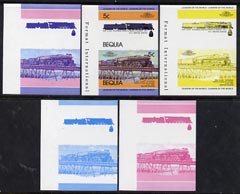 St Vincent - Bequia 1984 Locomotives #1 (Leaders of the World) 5c (4-8-4 Atcheson, Topeka & Santa Fe) set of 5 imperf se-tenant progressive proof pairs comprising two individual colours, two 2-colour and all 4-colour composites unmounted mint