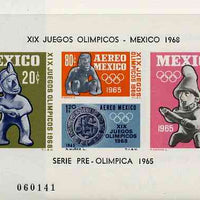 Mexico 1965 Olympic Games (1st Issue) imperf m/sheet showing Museum Pieces (Sling Thrower, Batsman, Fieldsman & Score Board) unmounted mint SG MS 1106