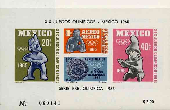 Mexico 1965 Olympic Games (1st Issue) imperf m/sheet showing Museum Pieces (Sling Thrower, Batsman, Fieldsman & Score Board) unmounted mint SG MS 1106