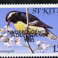 St Kitts 1983 Independence overprint on Bananaquit Bird 15c with overprint doubled unmounted mint, SG 119Ba (blocks & gutter pairs pro rata)