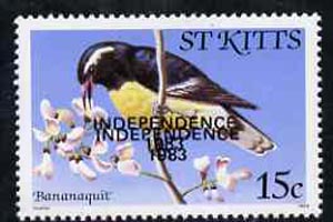 St Kitts 1983 Independence overprint on Bananaquit Bird 15c with overprint doubled unmounted mint, SG 119Ba (blocks & gutter pairs pro rata)