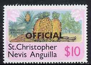 St Kitts-Nevis 1980 Pineapple & Peanuts $10 from 'OFFICIAL' opt,set unmounted mint, SG O9*