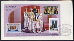 Exhibition souvenir sheet for 1978 Stampex showing,Silver Jubilee stamps from Barbados, S Georgia & Tristan on piece with special Stampex cancel