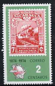 Nicaragua 1974 UPU Centenary 2c showing 1937 Railway stamp, SG 1935