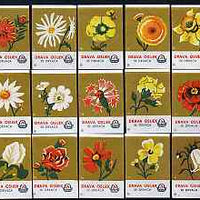Match Box Labels - complete set of 15 Flowers (brown background), superb unused condition (Yugoslavian Drava Series)