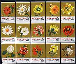 Match Box Labels - complete set of 15 Flowers (brown background), superb unused condition (Yugoslavian Drava Series)