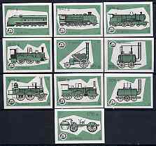 Match Box Labels - complete set of 10 Locomotives (green background), superb unused condition (Yugoslavian Drava Series)