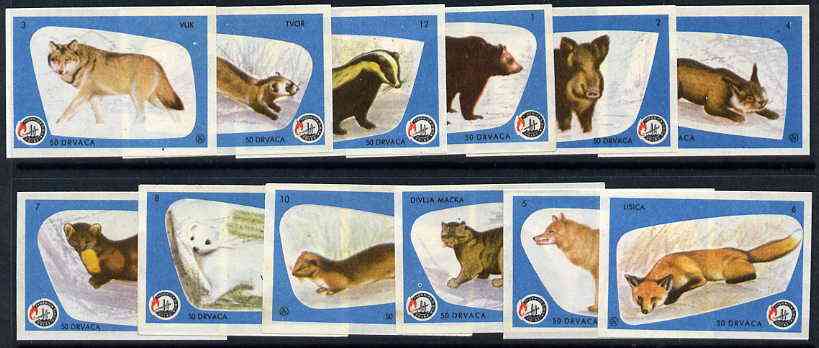 Match Box Labels - complete set of 12 Wild Animals (blue border), superb unused condition (Yugoslavian)